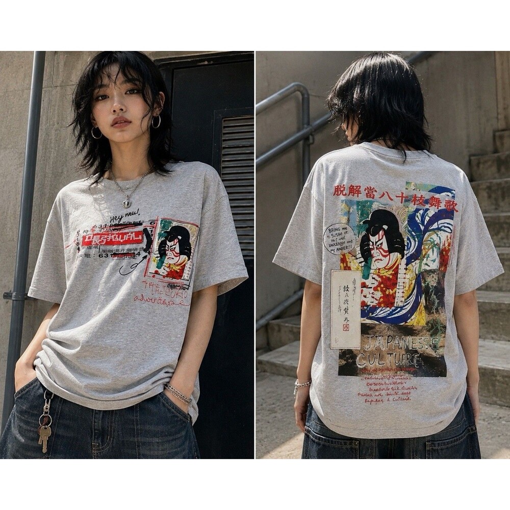 Desigual Tokyo Japan Graphic T Shirt S Gray Embroidered Kabuki Art Streetwear